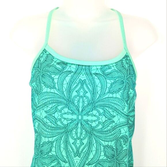 ATHLETA Teal and Dark Green Abstract Printed Strappy Built In Bra Tank Top XS - Picture 2 of 11
